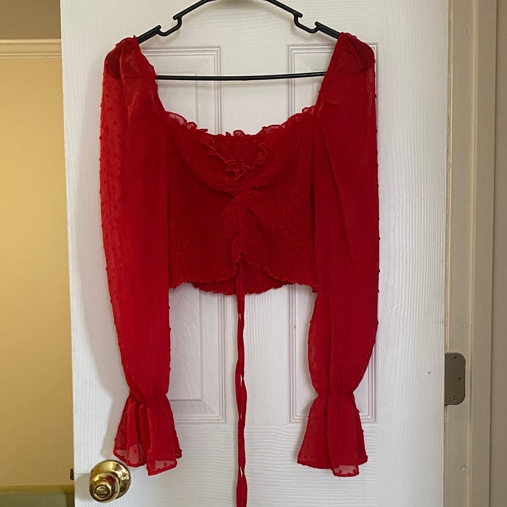 Romantic Red Ruched Sheer Sleeve Tie up Crop Top Blouse - Picture 3 of 12